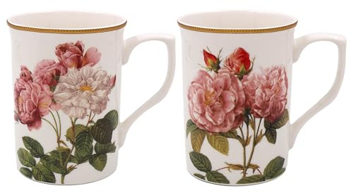 The Leonardo Collection Redoute Rose Mugs Set of 2 Pierre-Joseph Redoute, Tea and Coffee Mug for Hot Drinks | Fine China Printed Mugs for Kitchen & Home | Reusable Ceramic Cups for Every Occasion