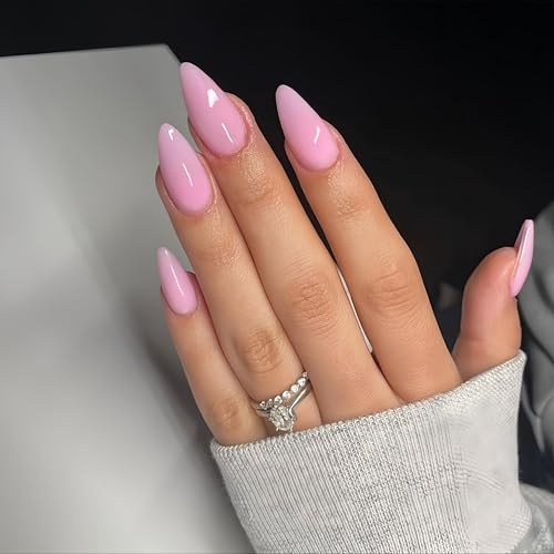 KQueenest Baby Rosa Press On Nails Mittel Mandel - Acryl Nägel zum Aufkleben, Natürlich Einfarbig Fake Nails Fingernägel zum aufkleben, Glänzende Gel Full Cover Kunstnägel für Frauen 24 Stück