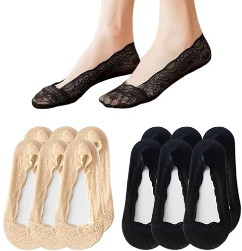 YSUY 6 Pairs No Show Lace Socks Women - 3 Black & 3 Skin Tone Invisible Trainer Sock for Women 4-7, Non-Slip Shoe Liners, Lace Socks, Footsies, Ballet Pump Sock