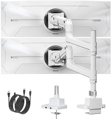 monTEK Monitorhalterung mit USB für 2 Monitore, 17–57 Zoll, 27 kg | Aluminium Schwerlast-Gasfeder, für Gebogene Bildschirme Verstellbarer Monitorständer, 75/100 mm VESA Halterung, Weiß