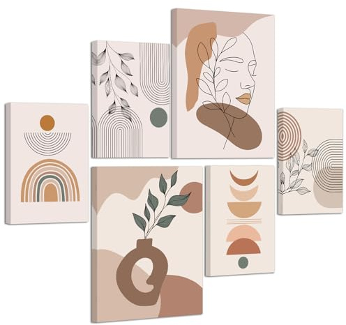 6 Pcs Boho Beige Geométrico Líneas Marco de madera Cuadros Decoracion Salon, Nórdico Minimalista Plantas Pintura Lienzos Decorativos Abstracto Dormitorio Oficina Comedor Murales Decoración de Pared
