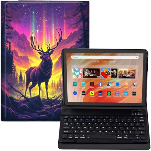 GYSYZJDH for Amazon Fire HD 10 Tablet Case with Keyboard (13th/11th Gen, 2023/2021, 10.1 Inch) – PU Leather Stand Cover, Detachable Bluetooth Keyboard, Protective Majestic Stag Design