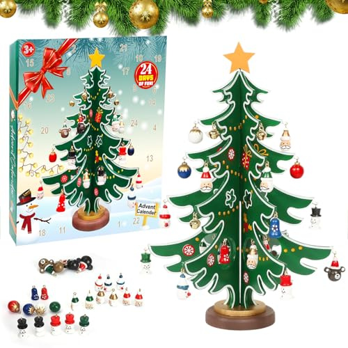 CUVZORA Adventskalender 2025, 28cm Hölzernen Weihnachtsbaum Weihnachten Countdown, 24 Tage Adventskalender Weihnachten, für Weihnachts Überraschung, DIY Weihnachtsbaum Geschenke Decoration(6 Blätter)
