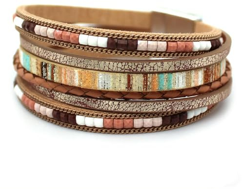 JAVMOO Leather Wrap Bracelets for Women Boho Multi-Layer Cuff Bangle Bead Strackable Jewelry Accessories Brown