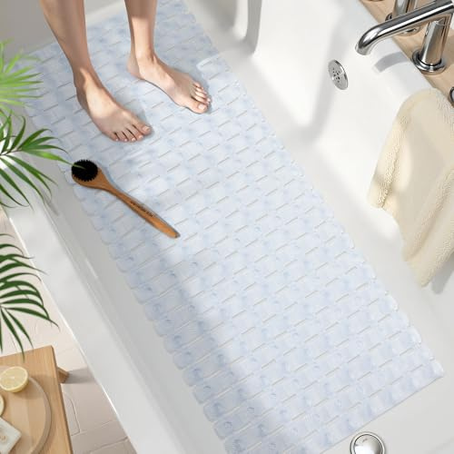 Smiry Shower Bath Mat Non Slip, Quick Drying for Inside Shower, 40 x 100 cm | Cut-to-Fit Extra Long Bathroom Mat with Textured Surface, Comfort Machine Washable Bathtub Mat for Elderly, Clear