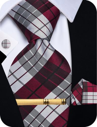 YourTies Grey Red Mens Tie Set Plaid Silk Woven Jacquard Necktie Pocket Square Cufflinks Clip for Wedding Party Business
