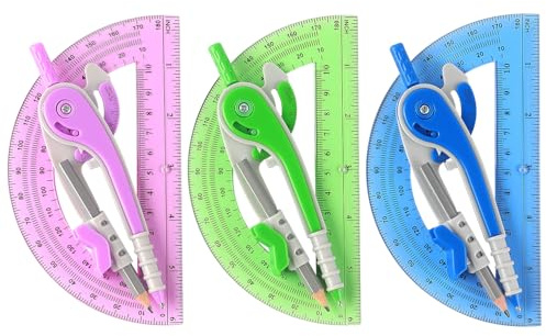 ZZTX Compass and Protractor Set for Geometry, 180-Degree Protractor and Compass for Students, Math Drawing Tools, 3 Colors
