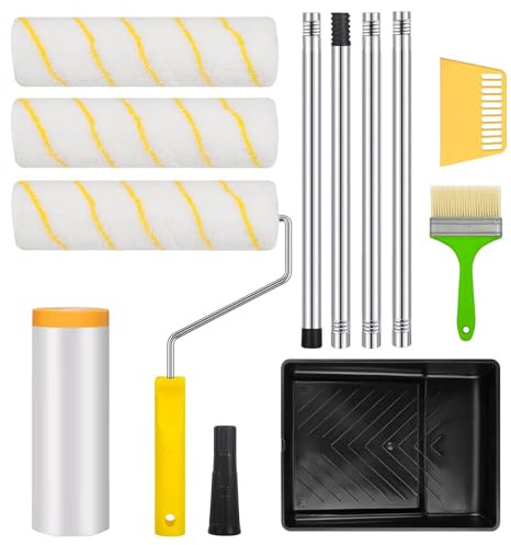 Kit Rodillo Pintura Pared, Rodillo con Accesorios, 3 Piezas Paint Roller 22 cm, Mango Alargado Reforzado 152 cm, Brocha para Paredes, Techo, Brocha Pintor, Cubeta Pintura