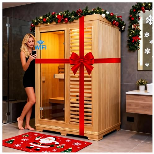 Amocane Wood Steam Sauna with WiFi Control, 1-2 Person Canadian Hemlock Home Sauna Traditional Luxurious Wooden Indoor Spa with 3.5KW Heater, Speaker, Rocks, Bucket, 220V(130x105x190)