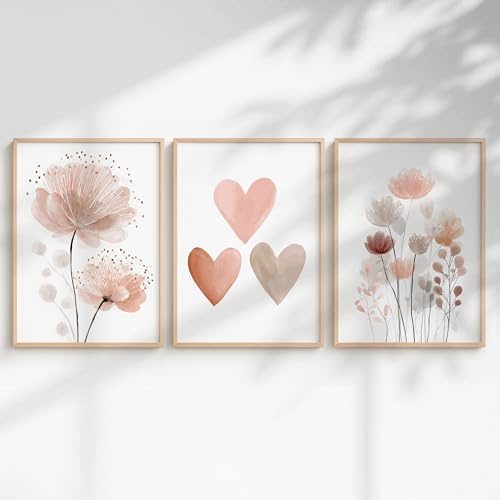 Generisch 3er Poster Set Kinderzimmer Mädchen – Babyzimmer Wandbilder mit Einhorn, Prinzessin, Tieren & Regenbogen – Liebevolle Deko fürs Mädchenzimmer (Blume & Herz, DIN A3, Ungerahmt)