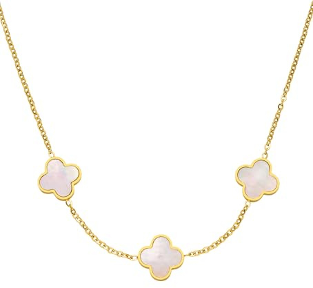 DIAMOND MODE Kleeblatt Halskette Damen Schmuck - Three Clover Perlmutt, 18K Vergoldet, Chirurgenstahl, 42cm + 5cm, Wasserfest, Geschenk