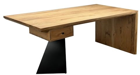 FineBuy Schreibtisch 180x90x77 cm Akazie Massivholz mit Schublade | großer Bürotisch mit markantem Metallgestell, Computertisch aus Echtholz Natur, handgefertigtes Unikat
