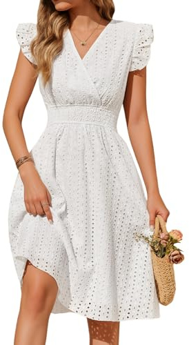 PASUDA Vestidos Verano Mujer Sin Mangas Vestidos Corto Cuello en V Algodón Elegante Dress de Manga con Volantes Cintura Alta Elástica Mini Vestido de Playa Sueltos Casual con Bolsillos (Blanco, XL)