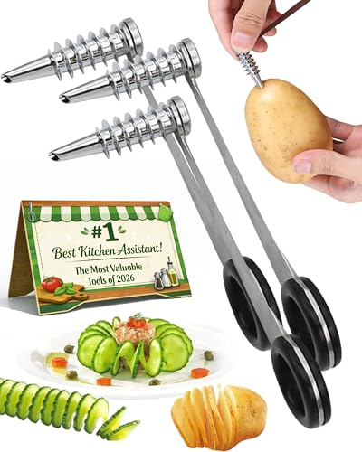 Spiral Cutter for Potatoes, Potato Spiralizer, Manual Stainless Steel Portable Tool for Boiled Eggs, Potato, Cucumber, Carrot, Zucchini & Fruit, Kitchen Gadget (3PCS)