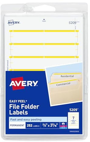 Avery File Folder Labels on 4 x 6 Sheets, Easy Peel, White/Yellow, Print or Write, 2/3 x 3-7/16, 252 Labels (5209)