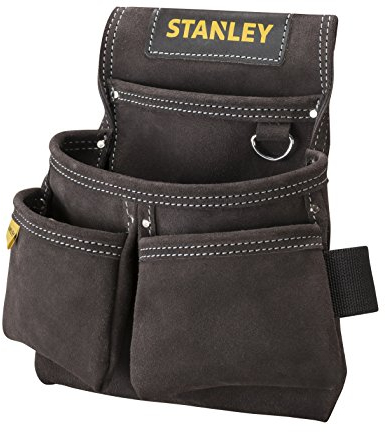 STANLEY Leather Tool Belt Pouch, Double Pocket Organiser for Tools and for Small Parts, STST1-80116 , Black
