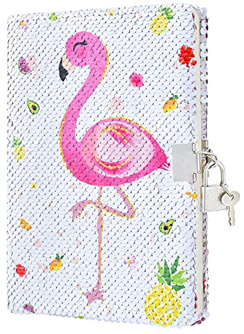 WERNNSAI Flamingo Tagebuch für Mädchen - Pailletten Notizbuch für Mädchen Geschenk Kinder Tagebuch A5 Schreiben Notizbuch Geheimnis Reisen Geburtstag für Kinder