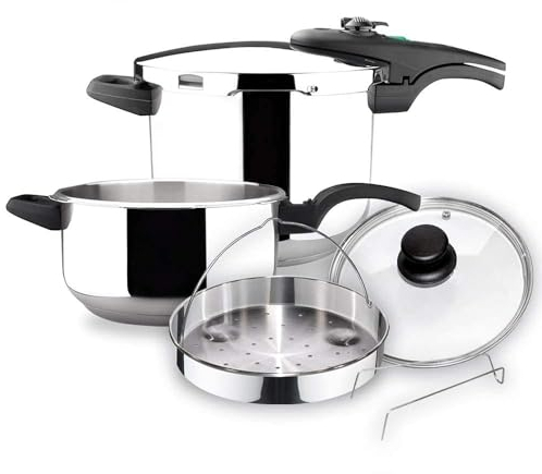 Magefesa Athenas - Pack Exclusivo Ollas Express Rápidas de 4+6L + Cestillo + Tapa de Cristal, Acero Inoxidable 18/10, Inducción, Fondo Termo-Difusor