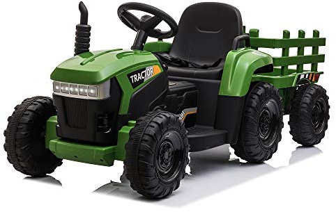 TOBBI Kids Electric Ride On Toy Tractor, Toddlers 12V Battery-Powered Car to Drive, 35W Dual Motor 6-Wheels Trailer Vehicle with 3-Speeds/LED & Horn Functions for Chirdren Aged 3-8-Dark Green