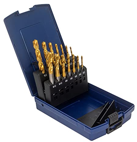 WSH-TOOLS Maschinengewindebohrer Set Sackloch M3, M4, M5, M6, M8, M10, M12 HSSE-Co5 Kunststoffbox 14-teilig TiN
