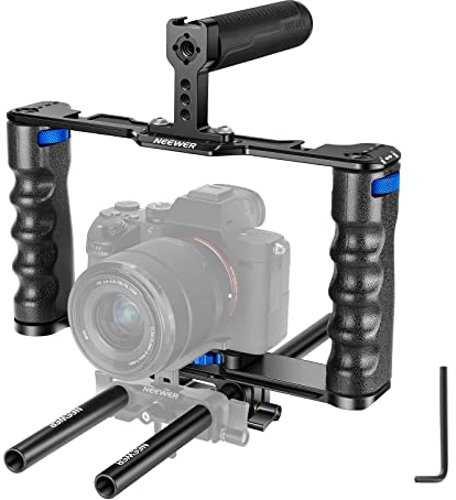 NEEWER Kit de Montage pour caméra vidéo en Alliage d'aluminium avec Deux poignée supérieure,tiges de 15 mm,Compatible avec Sony A7S III,Sony A6600 Canon EOS R5 R6 DSLR Mirrorless Camera Noir-Bleu