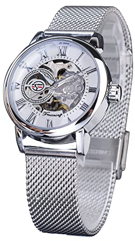 Forsining Damen-Armbanduhr, automatisch, mechanisch, luxuriös, Skelett, goldenes Zifferblatt, Edelstahl-Mesh-Armband, römische Ziffern, selbstaufziehend, silber, Armband