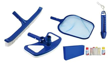 well2wellness Pool Zubehör Set 1 Basic 5-teilig mit Laubkescher, Thermometer, Bodensauger, Beckenbürste Plus Test-Kit für Chlor + pH (P1860)