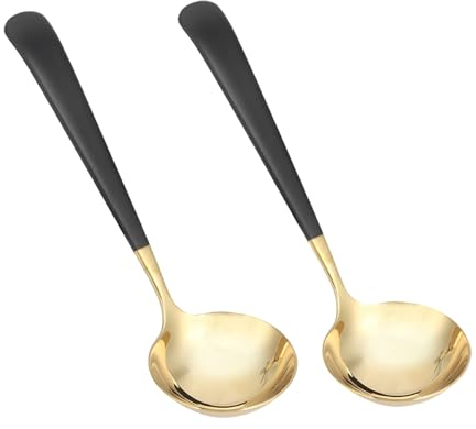 Stainless Steel Soup Ladle, 2 Piece Round Ladle Soup Spoons with Long Handle Kitchen Serving Silver Spoon for Stew for Home Kitchen Restaurants (Black and Gold)