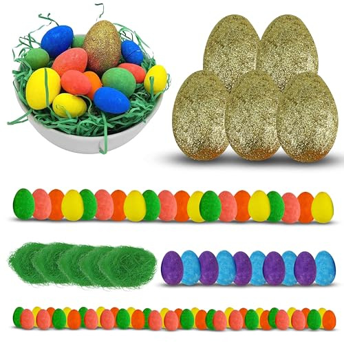 SRVertex Ostergras mit goldenem Eiersuche-Set und Glitzer-Eiern für Körbe, festliches Eiersuche-Zubehör, Oster-Partyzubehör, Oster-Schatzsuche, Spiel, Partyzubehör, 80 Stück