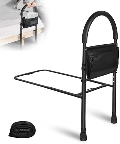 XMTECH Barrera de cama para personas mayores, con bolsa de almacenamiento y patas de apoyo, asa ajustable, barandilla de cama de hasta 150 kg
