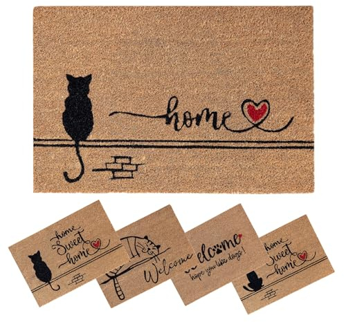 SPOTTED DOG GIFT COMPANY Zerbino Ingresso Esterno Interno 40x60 cm - Zerbino Ingresso Casa In Fibra Naturale di Cocco, Resistente - Con Base Antiscivolo con Gatto Nero