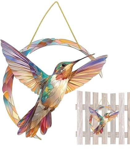 Hummingbird Suncatcher Window Pane, Stained Glass Bird Panel, Rainbow Maker, Crystal Prism, Stained Glass Window Hanger, Stained Glass Window Hanging for Indoor and Outdoor, Home, Garden