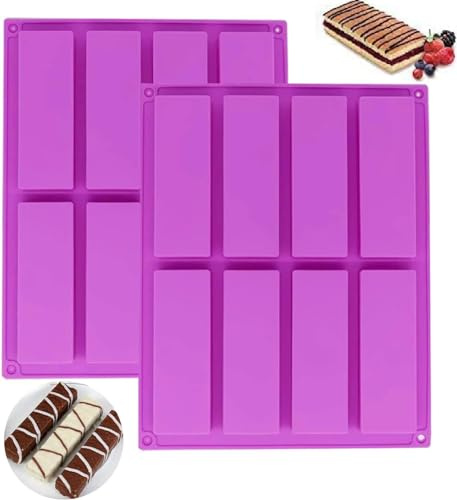 YJDM Silicone Rectangle Granola Bar Molds, 2 Packs Nutrition Energy Cereal Bar Moulds, Chocolate Granola Bar Deep Silicone Mould for Baking Bread Brownie Cheesecake Butter Soap Molds (8 Cavity)
