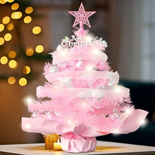 Small Pink Christmas Tree KAMEUN 55CM| 21.7Inches Mini Xmas Desk Tree with Lights, Artificial Xmas Tree- with Pink Christmas Decorations -for Tabletop, Desk