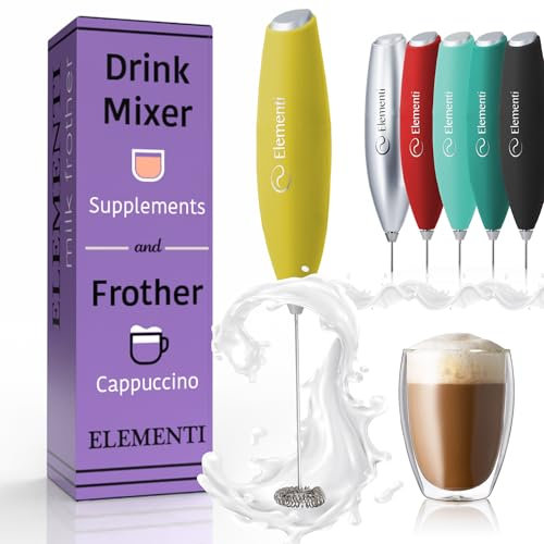 Elementi Milk Frother Handheld - Powerful Mini Coffee Frother Whisk - Hand Held Coffee Whisk Electric & Frappe Maker - Drink Mixer, Stirrer & Electric Milk Foamer (Yellow)