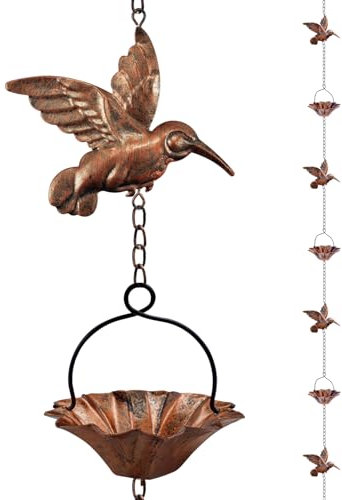 Finphoon Cadenas de lluvia de cobre de 8.5 pies para canalones, cadena de atrapador de lluvia de loto para canalones exteriores con adaptador, cadenas de lluvia de colibrí y copa para canalones,