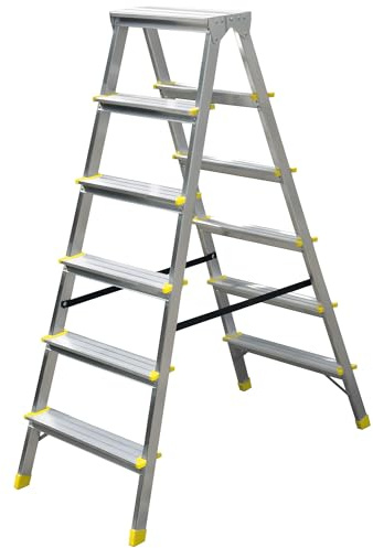 Bayersystem BS-DDA6 Beidseitige Trittleiter 2x6 Stufen, Aluleiter, bis 150 kg belastbar, Arbeitshöhe 3,29 m, klappbar, Anti-Rutsch-Füßen, Doppelstufenleiter für Haushalt, Silber/Gelb