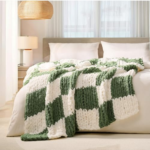 L'AGRATY Coperta a maglia grossa: 127 x 152 cm, in ciniglia grossa, lavorata a maglia, per letto e divano, fatta a mano, grande, in corda all'uncinetto, per decorare la casa (verde a scacchi)