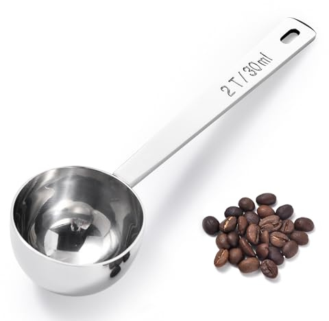 18/8 Stainless Steel Coffee Scoop, Doosu Food-Grade Metal Measuring Spoon with 4.3in Long Handle, Tablespoon Scooper for Coffee Beans, Ground Coffee, Espresso, Protein Powders, Tea, Sugar (2 Tbsp)