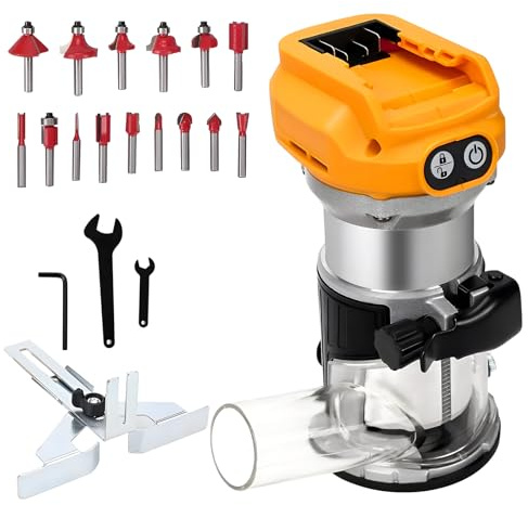 Cordless Wood Router Trimmer Compatible with Dewalt 18V 20V Battery, 6 Speeds Wood Trimmer Set, 800W 30000 RPM Brushless Motor Hand Palm Router with 15pcs 1/4 Shank Router Bits for Woodworking