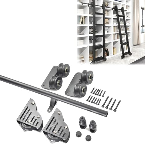 Pounjsd Kit De Quincaillerie Echelle De Bibliothèque Roulante, 200cm Ensemble Complet De Rouleaux De Sol avec Frein pour échelle coulissante Rail Kit avec roulettes Au Sol (sans échelle)