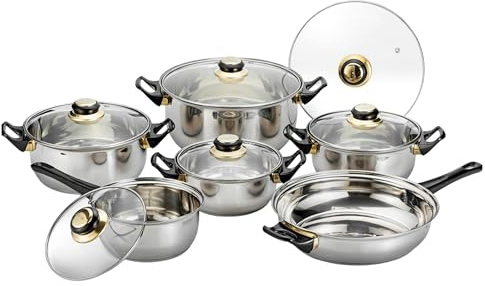 Reldor 12PC Cookware Set - Saucepan, Frying Pan Pot & Casserole Stainless Steel Cookware | Non Stick, Kitchenware, Glass Lids, | Strong Quality, Long Lasting & Durable