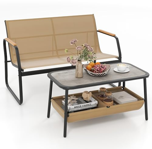 RELAX4LIFE Tavolo da Giardino con Sedie, Tavolino Salotto con 2 Scomparti di Stoccaggio, Panca da Giardino in Tessuto Traspirante con Bracciolo, per Interno ed Esterno, Portata 300KG+80KG