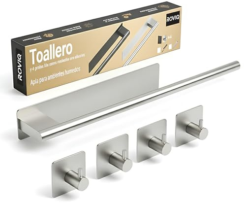 ROVIQ toalleros de baño sin Taladro con 4 Ganchos Adhesivos – toallero Adhesivo baño (Barra 39 cm) con Cinta 3M VHB – Acero Inoxidable 304 – Accesorios baño sin Taladro, Color Plata