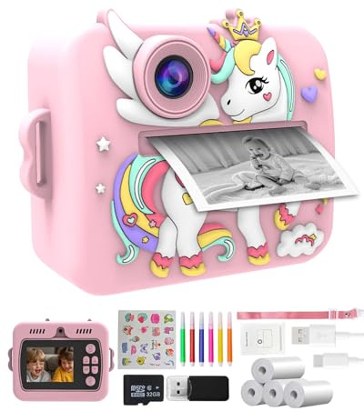 Appareil Photo Instantané Enfants Licorne 2.4 Écran, Vidéo 1080P & Zoom 16X, Appareil Photo Enfant avec Impression Thermique sans Encre, 32Go, Jeux & Musique, Cadeau Garçons et Filles 3-12 Ans