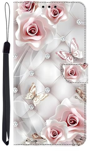 Mobiltelefonskal för Samsung Galaxy A34 5G skal läder, mobilfodral för Samsung Galaxy A34 5G blommor stötsäker magnet vikbara kortplatser stativfunktion flip fodral plånbok fodral – rosa fjäril
