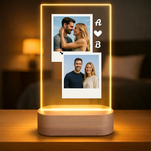 Lámpara Personalizada con 2 Fotos - Regalos Originales, Luz LED, Placa de Metacrilato, Regalo para Pareja, Aniversario, San Valentín, Cumpleaños, Decoración con Luz y Nombre Personalizado