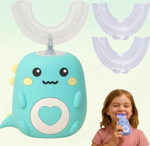 Smile Brush Enfant | Brosse À Dents Électrique Enfant, Brosse À Dents À Ultrasons À 360º Pour Enfants, Brosses À Dents Électrique Avec 2 Têtes De Brosses Silicone En Forme De U (Vert,2-6)