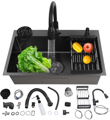Fregadero de acero inoxidable 72 x 45 cm, fregadero negro con grifo extraíble y enjuagavasos, fregadero de cocina multifuncional de 1 seno, fregadero empotrado, incl. tubo de drenaje, dispensador de
