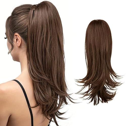 XFSRG 50 cm Perücke Damen Clip in Extensions Echthaar Haarteil Pferdeschwanz Volumen Pferdeschwanzperücke mit Leicht Gelockten Enden Wurzel für Alltag Party Cosplay(Hellbraun)